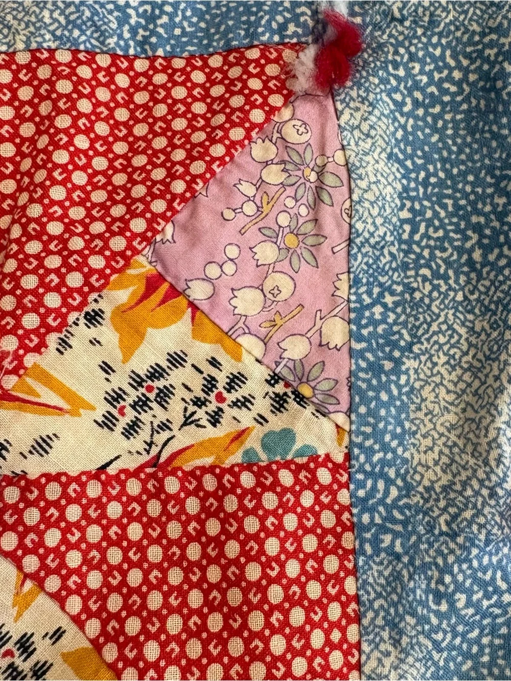 Vintage Handmade Patchwork Pinwheel Quilt 72”X58” Red Blue Floral Cottage 1940s